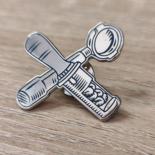 Feggrini metal pin brooch used, coffee portafilter and tamper