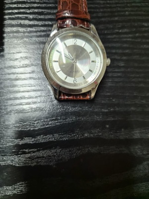Men's watch with silver dial and brown leather strap, new