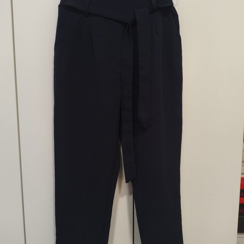 High-waisted fabric pants with belt like new, dark blue