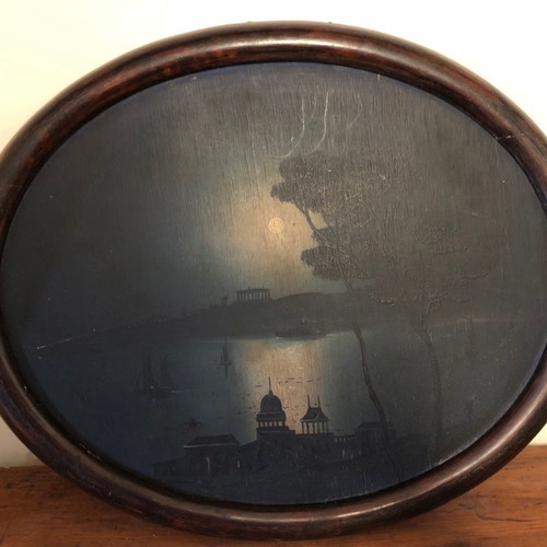 Artwork used, old seascape night painting in oval wooden frame