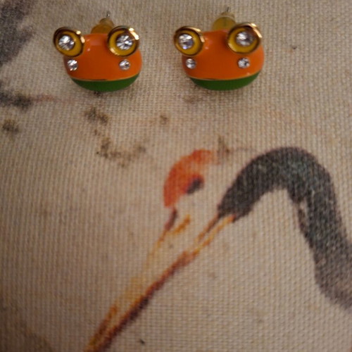 Vintage frog earrings like new, green and orange