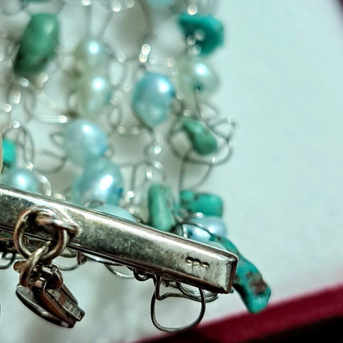 Handmade necklace and bracelet set used, silver with freshwater pearls and turquoise