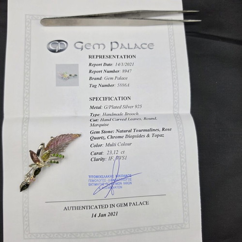 Handmade Leaf Brooch with Natural Gemstones in 925 Silver Gold Plated