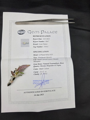 Handmade Leaf Brooch with Natural Gemstones in 925 Silver Gold Plated