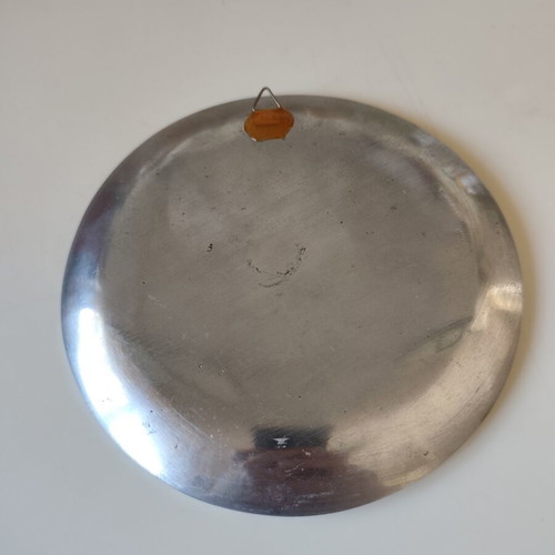 Aluminum and copper plate with brass Cycladic art inset, like new