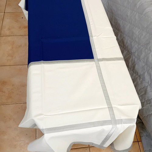Tablecloth new cotton white with silver stripes and blue spots