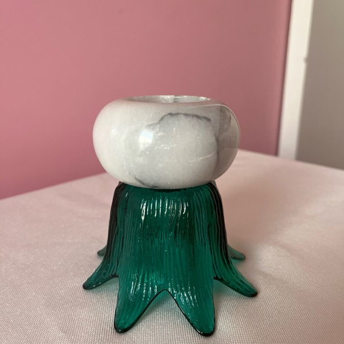 Vintage tulip candleholder & vase like new, green glass with marble base