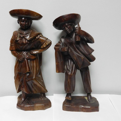 Handmade wooden Mexican folk art statues, pair of 2, damaged