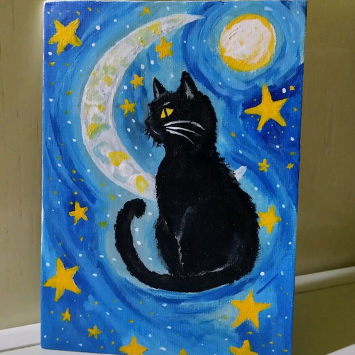Canvas painting with cat motif new, acrylic 13×18 cm