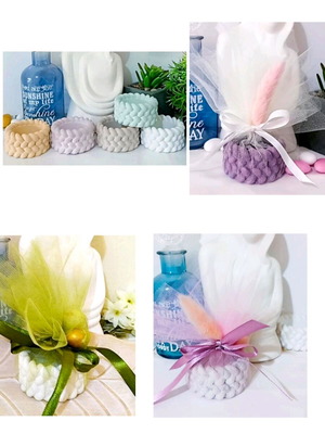 Handmade ceramic bombonieres with base for tealight in knitted design made to order