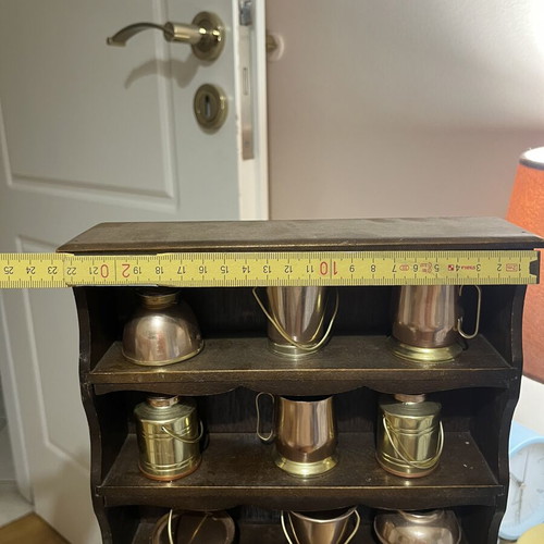 Vintage wooden miniature buffet with copper and brass utensils, used, 33cm