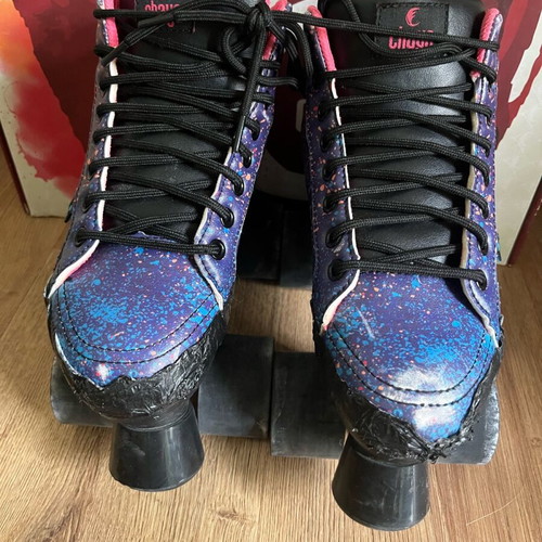 Chaya roller skates used with black tape, suitable for skate park