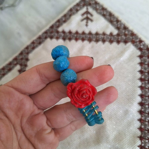 Blue papier-mâché bracelet with rose made to order