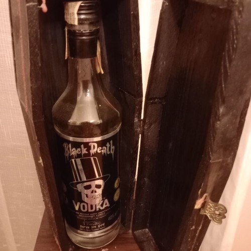 Wooden Black Death Vodka Coffin collectible, like new