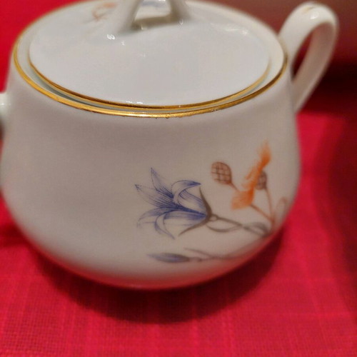 Bohemian porcelain teapot and sugar bowl like new, white with gold trim and floral design
