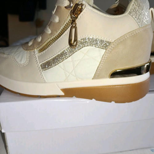 Sneakers flatform with heel beige/white and gold glitter new