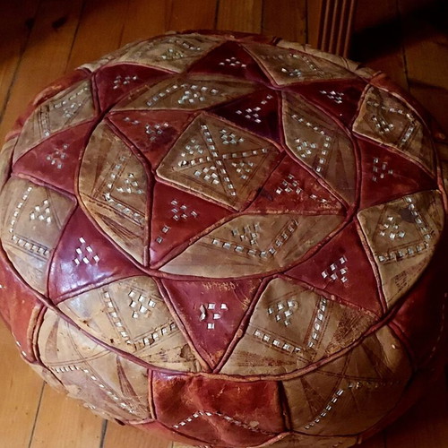 Moroccan handmade pouf from genuine leather used