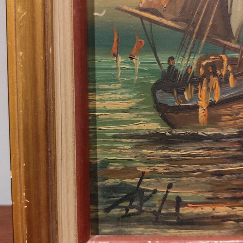 Seascape with Sailing Kaiki Used Oil Painting
