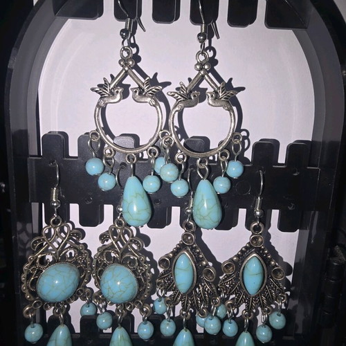 Earring set new, 5 pairs, turquoise and silver