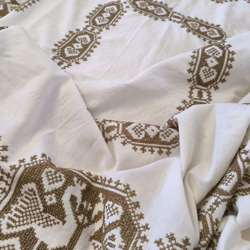Vintage tablecloth cotton with embroidery and lace, champagne color
