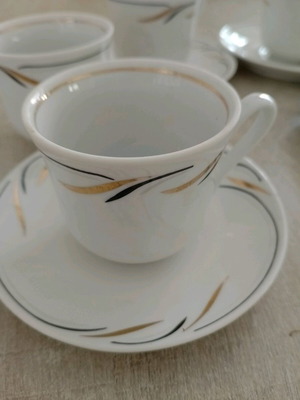 Set of 6 Greek coffee cups with 4 saucers used