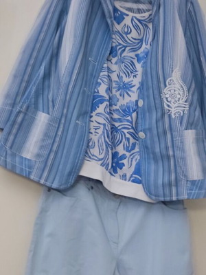 Basler jacket, Betty Barkley blouse, Gerry Weber pants set like new, white and blue