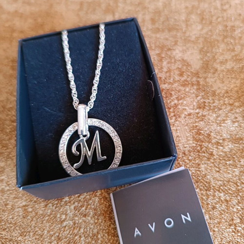 Silver-plated necklace with initial M and Avon rhinestones new, silver