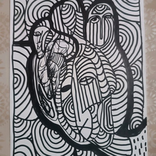Outsider art painted with black marker on white A4 paper made to order