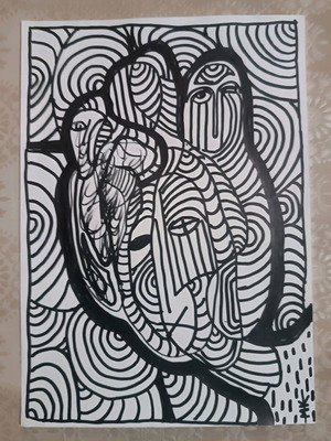 Outsider art painted with black marker on white A4 paper made to order