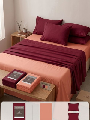 Premium Bedding Sheet Set Burgundy & Warm Salmon, 100% Cotton