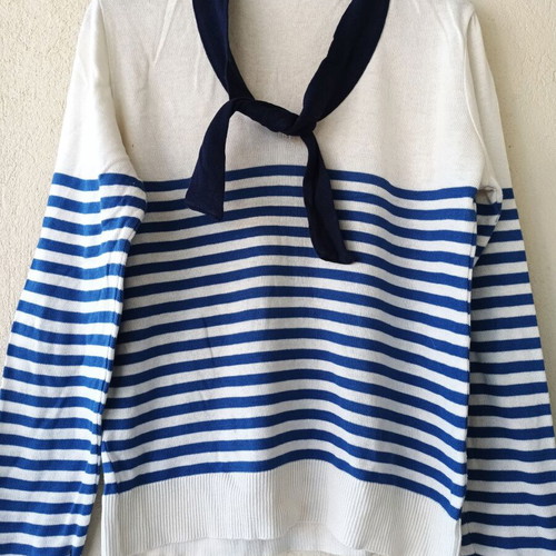 Women's striped long-sleeve pullover sweater, white and blue