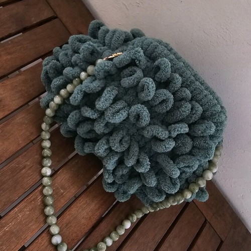 Puffy bag handmade handheld dark green with marble chain new