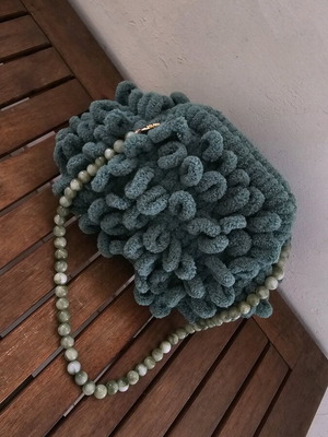 Puffy bag handmade handheld dark green with marble chain new