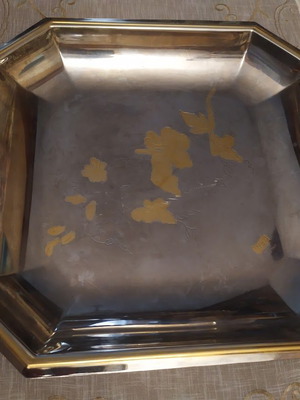 Metal Serving Tray with 24 Karat Gold Decoration 29x29 cm like new
