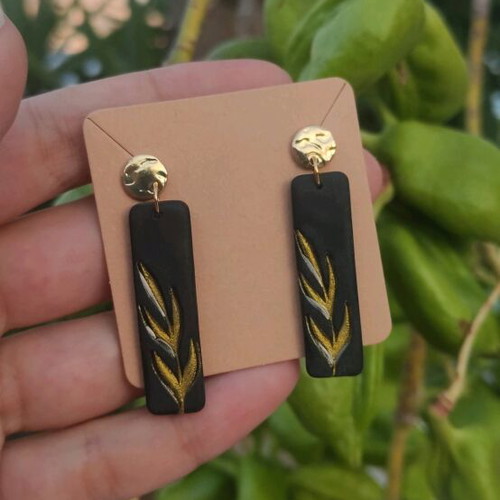 New polymer clay earrings with steel clasp, black and gold colors