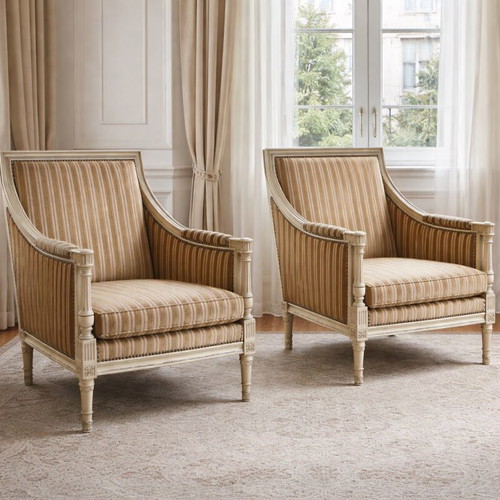 Pair of Louis XVI Style Armchairs used, carved wood and velvet upholstery