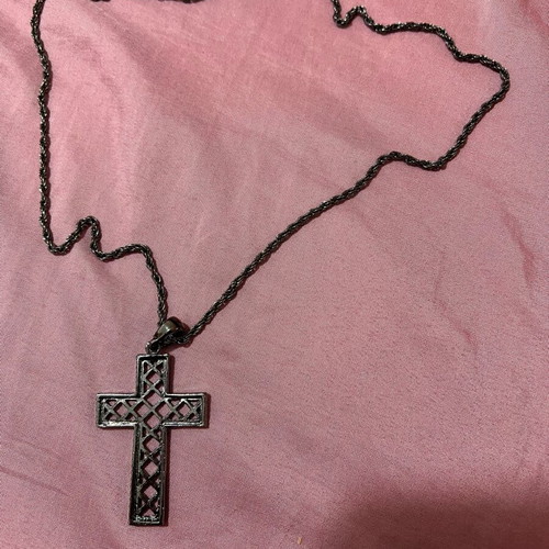 Steel cross necklace with crystal detail like new, black