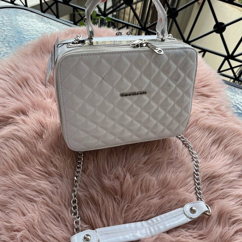 White lustrous bag with silver details and chain