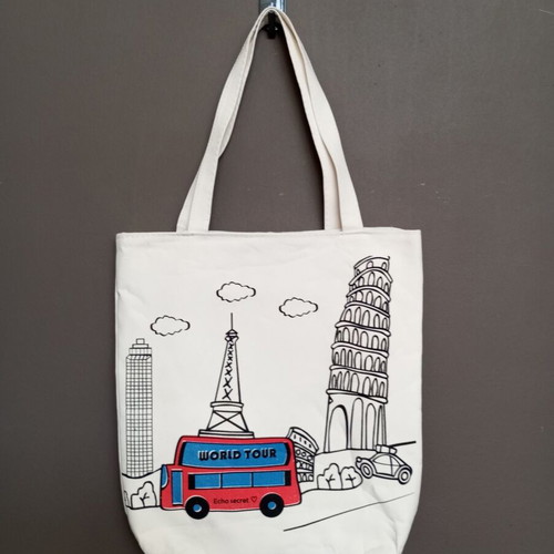 Tote bag "World Tour" fabric shoulder bag, white multicolor