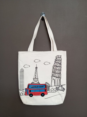 Tote bag "World Tour" fabric shoulder bag, white multicolor