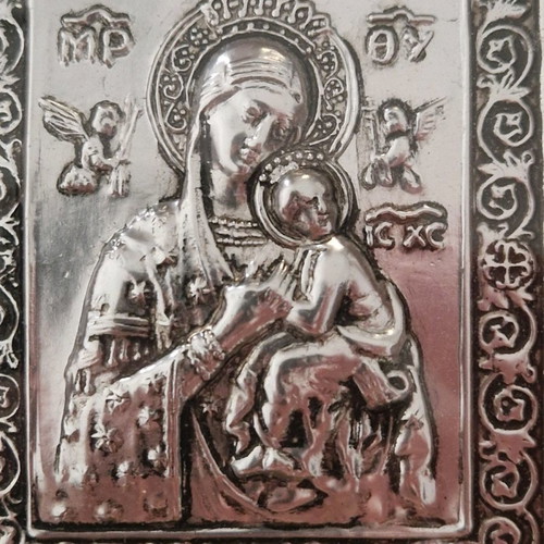 Old Virgin Mary icon used in wooden frame from Megalochari Tinos