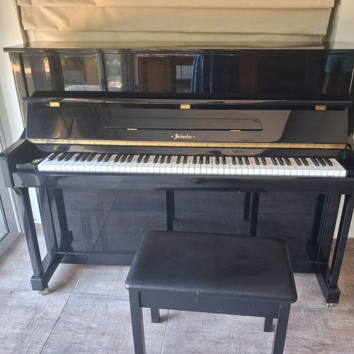 Schaefer 116WH Black upright acoustic piano with bench