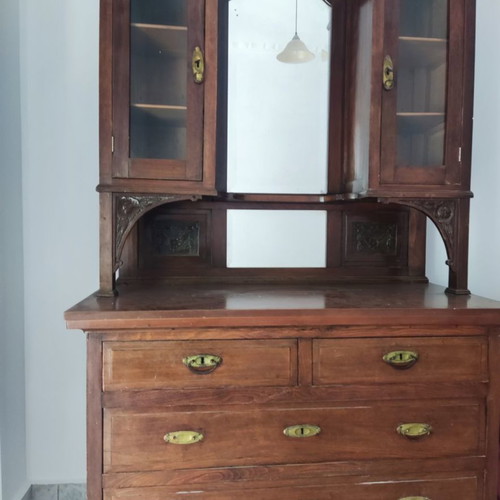 Antique buffet with mirror, display cabinets and drawers used