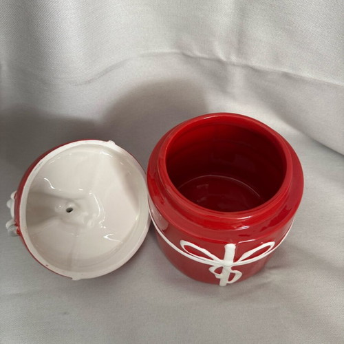 Marva ceramic cookie jar used, red with reindeer design