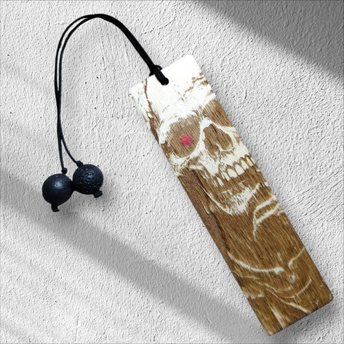 Handmade wooden bookmark with skull design and lava stone beads