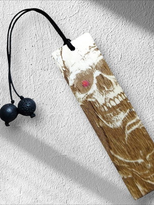 Handmade wooden bookmark with skull design and lava stone beads