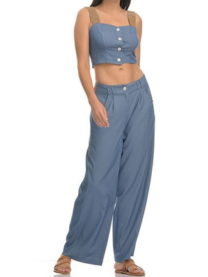 Women's Set Crop Top With Gold Straps And Wide Pants New Blue
