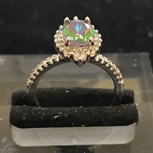 Vintage ring with multicolor iridescent stone and white zircons new