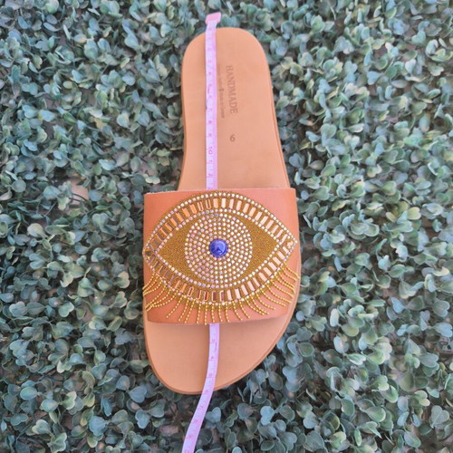 Handmade Evil Eye Sandals new, brown and gold platform