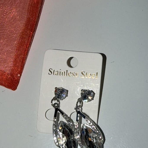Stainless Steel drop earrings with crystals, silver